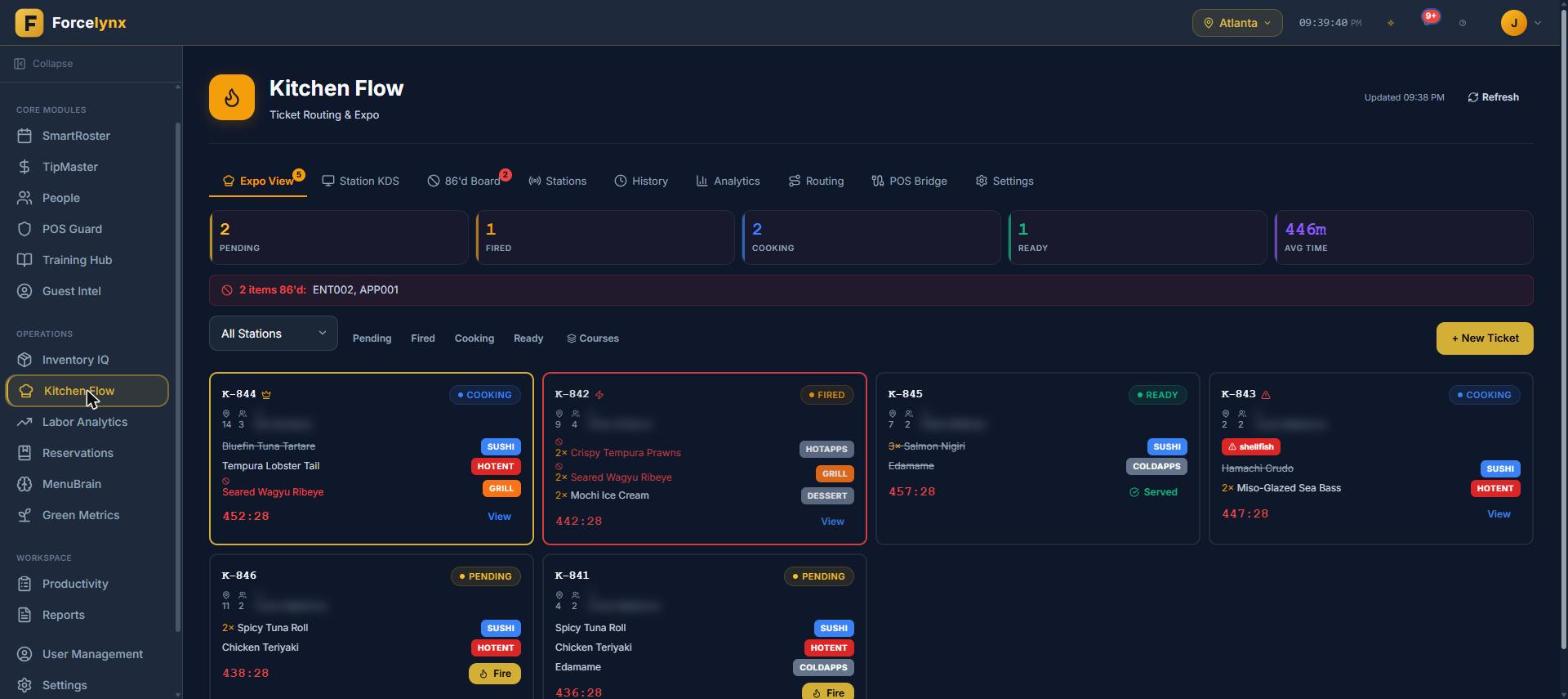 Forcelynx Kitchen Flow: expo and station KDS with prep-time analytics, bridged live to the POS.