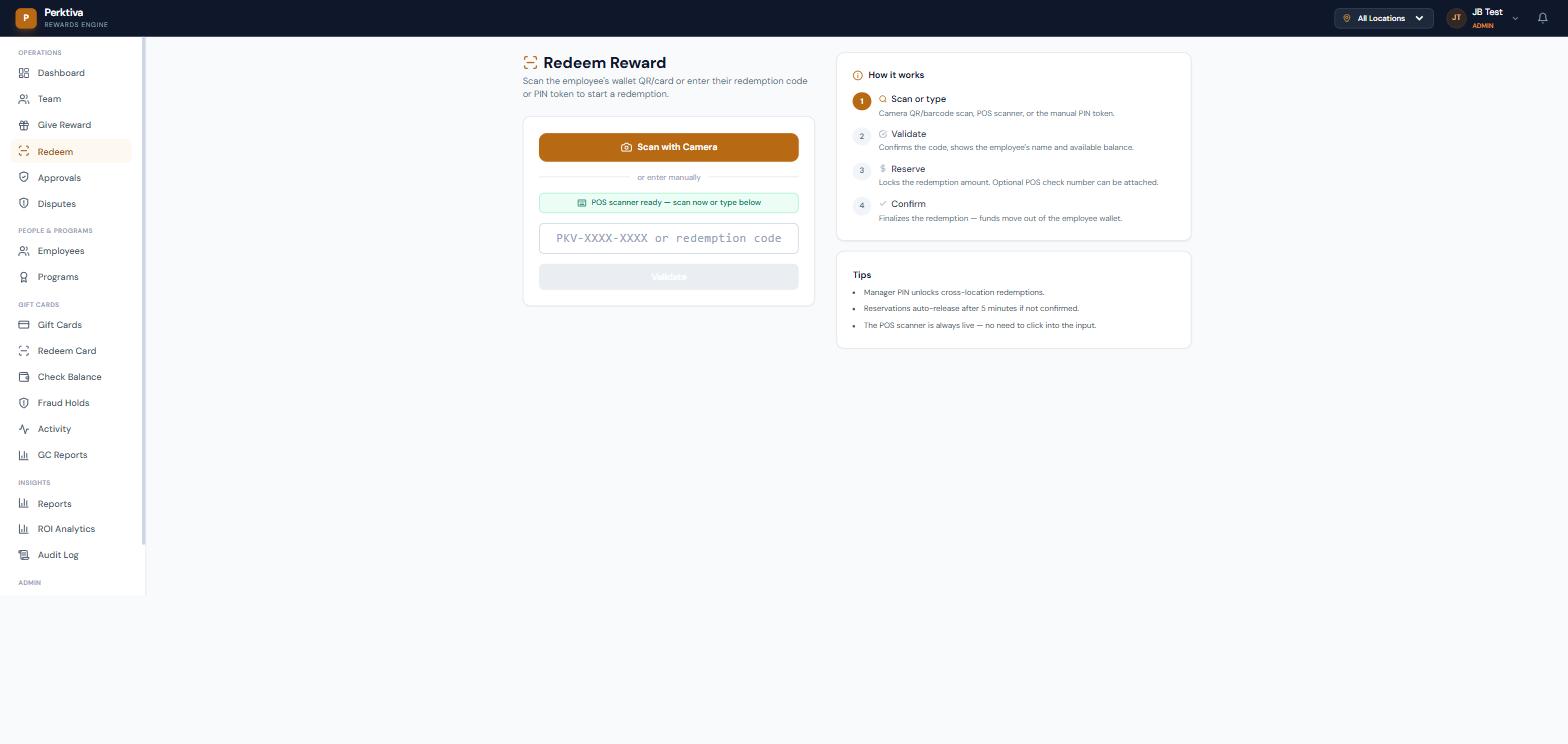 Perktiva POS redemption: scan the wallet QR, validate the balance, reserve, then confirm.
